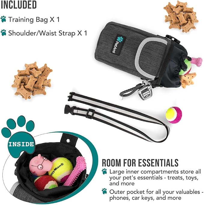 PetAmi Dog Treat Pouch, Large Hands-Free Training Bag, Charcoal | Built-In Poop Bag Dispenser, Holds 3 Cups Of Treats, 4 Ways to Wear, D-Ring, Reflective Strap, Dog Treat Bag for Walking