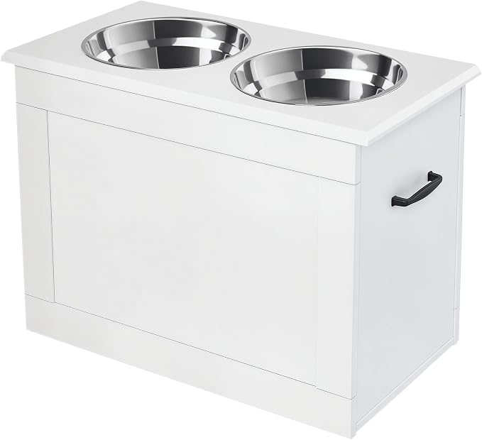 PawHut Raised Pet Feeding Storage Station for Large Dogs, White | with2 Stainless Steel Bowls Base for Other Large Pets