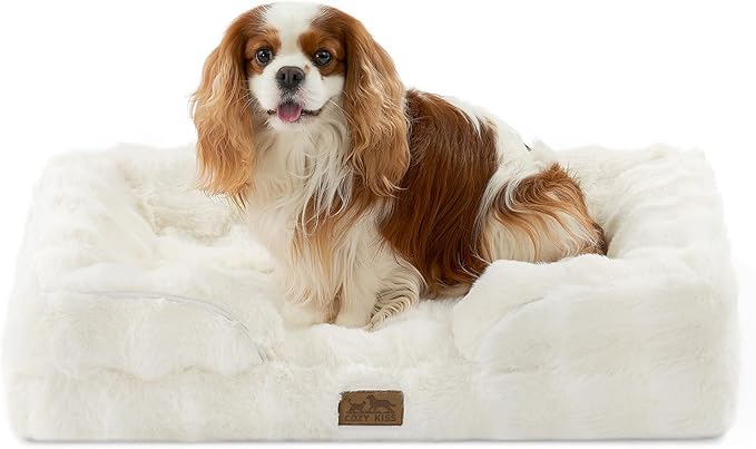 COZY KISS Orthopedic Dog Bed for Medium Small Size Dog, Soft and Warm Faux Fur Sofa for Pet Up to 40 lbs, Foam Bolster Anti-Slip Couch with Washable Removable Cover, M 30x20x6.5 inch, Beige