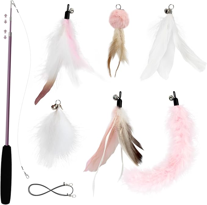 SONGWAY Interactive Cat Feather Toy Set - Retractable Teaser Wand with 6 Pcs Feather Refills with Bell, Cat Wand Toys for Indoor Cats Kittens Play Chase Exercise, Light Pink