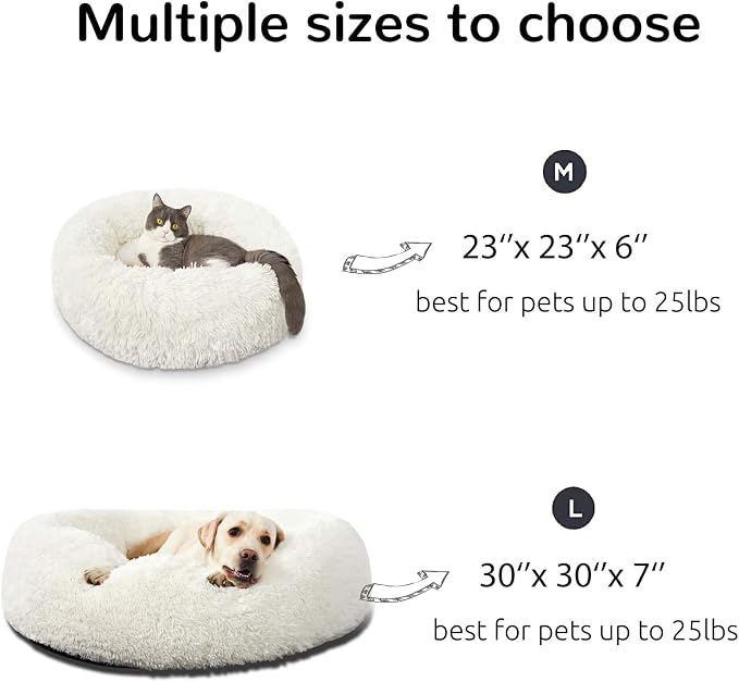 HACHIKITTY Calming Donut Cuddler Dog Bed, Round Fluffy Pet Bed for Large Dogs,Washable, Large, White, 30''