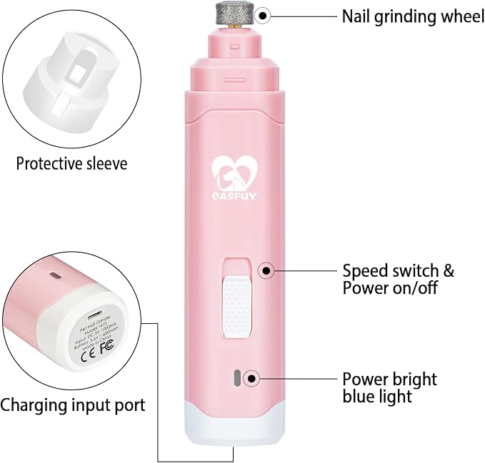 Casfuy Dog Nail Grinder Upgraded - Professional 2-Speed Whisper-Quiet Electric Pet Nail Trimmer Painless Paws Grooming & Smoothing for Small Medium Large Dogs & Cats