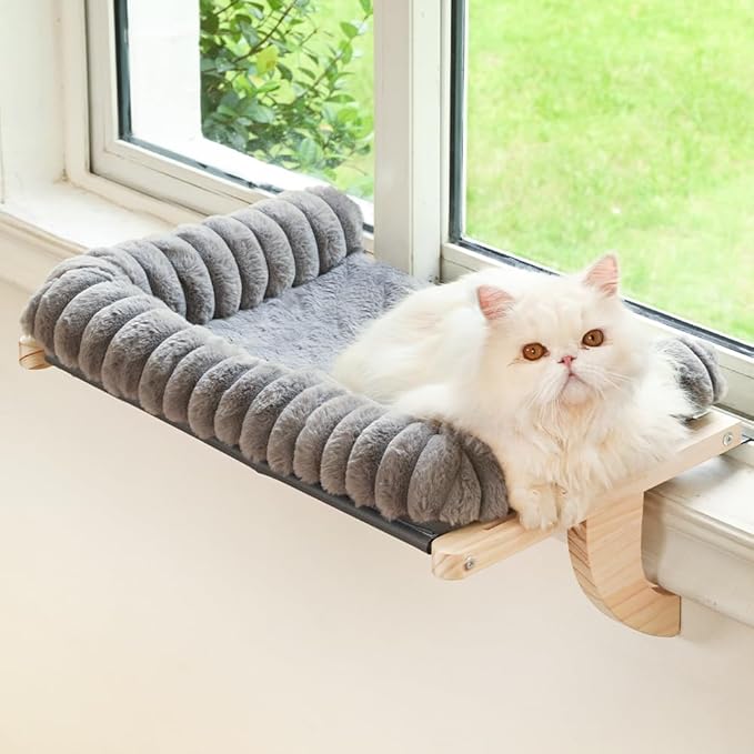 Cloud-Soft Cat Window Sill Perch, Zipper Design Cushion Pet Bed, M | Solid Wood & Sturdy Metal Frame, Machine Washable, Unobstructed Front View, Panoramic and Roomy Cat Hammock for Large Cats