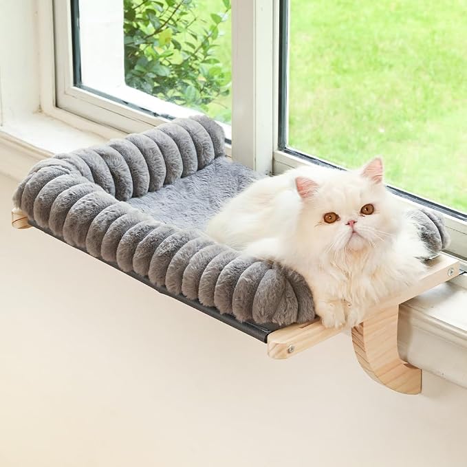 Cloud-Soft Cat Window Sill Perch, Zipper Design Cushion Pet Bed, L | Solid Wood & Sturdy Metal Frame, Machine Washable, Unobstructed Front View, Panoramic and Roomy Cat Hammock for Large Cats