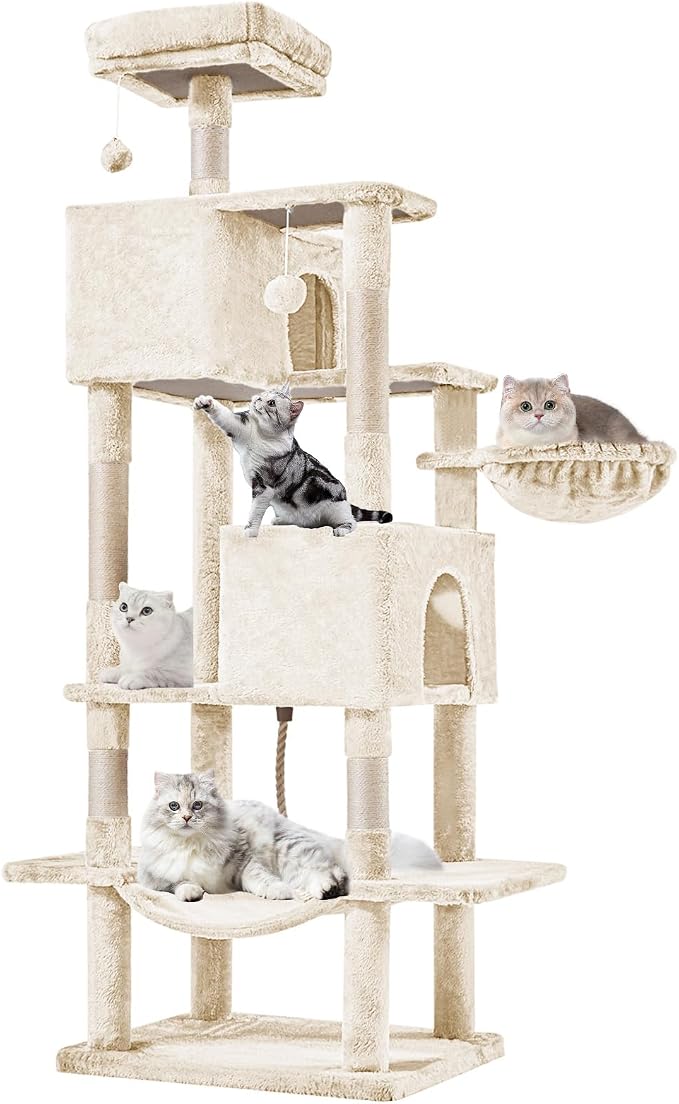 DUMOS 66 Inch Large Cat Tree Tower with Scratching Posts, Indoor Use | Tall Multi Level Cat Climbing Tower with Hammock, Pet Condo for Cats and Kittens Play, Beige