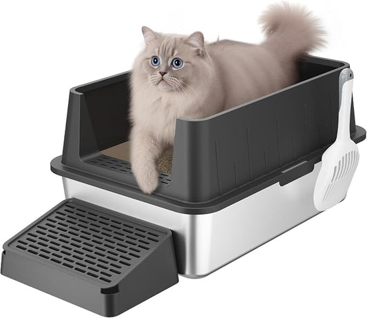 Lifewit Stainless Steel Litter Box for Kitty, Large Metal Cat Litter Tray with Non-Slip Pads, Anti-Leakage Top Entry and High Sided, Easy to Clean, 23.8" L×16" W×6.9" H, Black