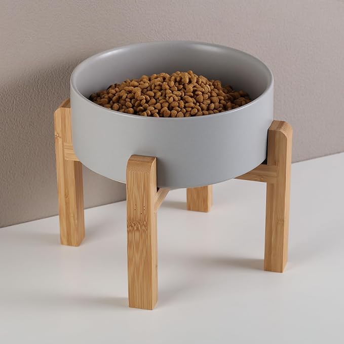 Grey Raised/Elevated Ceramic Dog Bowl for Small Medium Sized Breeds,Dog Food Water Bowl with Stand,6 in Non Slip Heavy Pet Feeding Dish 3.6 Cups/ 850 ml /28 OZ