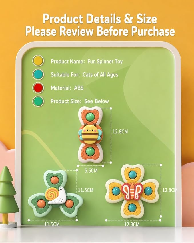 Cat Suction Cup Spinner Toy 3PCS Strong Suction 360° Spin Stick Anywhere | Window Perch Interactive Spin Windmill Swat Play Fun Exercise for Indoor Glass Tile Mirrors(Insect-Large)