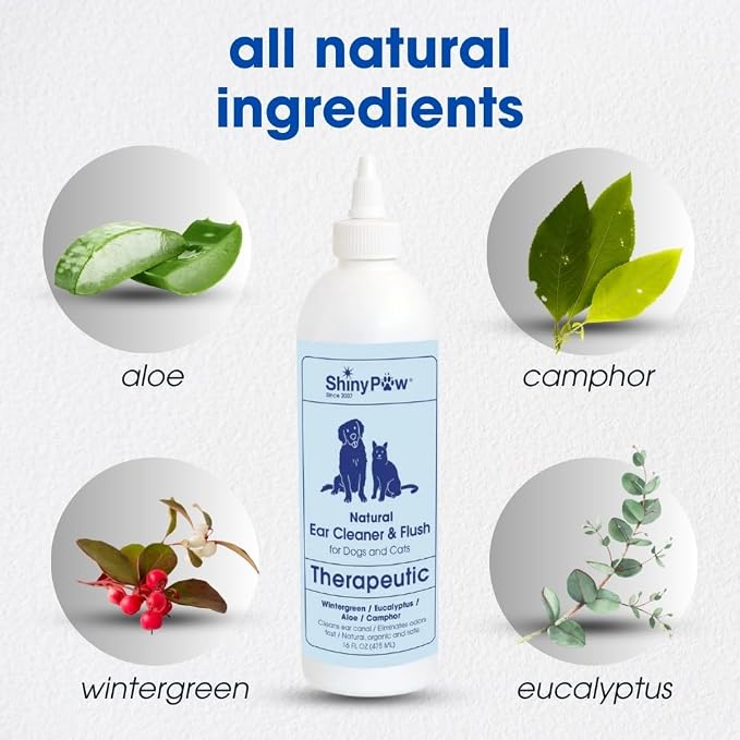 Dog Ear Cleaner Solution for Dogs & Cats 16 oz by Shiny Paw | Wintergreen, Camphor & Aloe – Gentle Ear Flush for Pets Health | Dog Ear Wash | Made in the USA