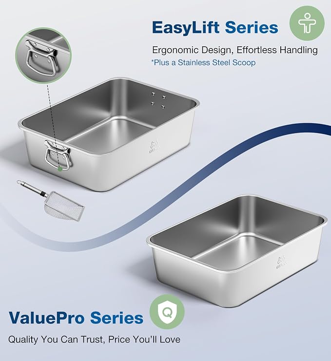 Qiuma Jumbo Stainless Steel Cat Litter Box, 27.5"×19.6"×5.9", XXL Metal Litter Pan with High Sides, Odor-Free, Non-Stick, Easy to Clean, Ideal for Extra-Large Cats & Multi-Cat Households