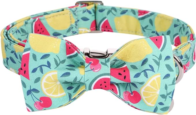 DOGWONG Cotton Summer Dog Collars, Lemon Bowtie Dog Collar, Adjustable Heavy Duty Girl Dog Collar with Bow for Small Medium Large Dogs,S