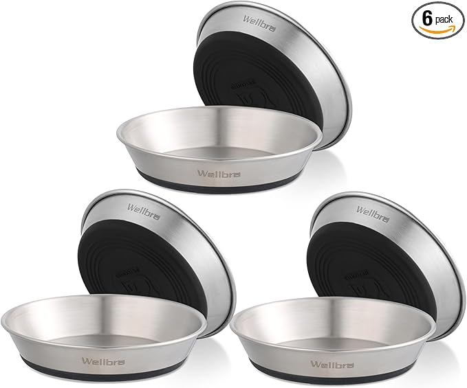 Cat Bowls, 6 Pcs Stainless Steel Bowls for Food and Water, Whisker Fatigue Shallow Non-Slip Cat Dishes Plates for Small Dog Puppies Cats