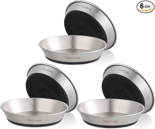 Cat Bowls, 6 Pcs Stainless Steel Bowls for Food and Water, Whisker Fatigue Shallow Non-Slip Cat Dishes Plates for Small Dog Puppies Cats