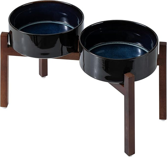 Havniva 8.2" Elevated Dog Bowls Ceramic Raised Dog Bowl with Non-Slip Stand (Acacia Wood) Weighted Dog Food & Water Bowl for Large Breed Dogs - 7.6 Cups 60 oz