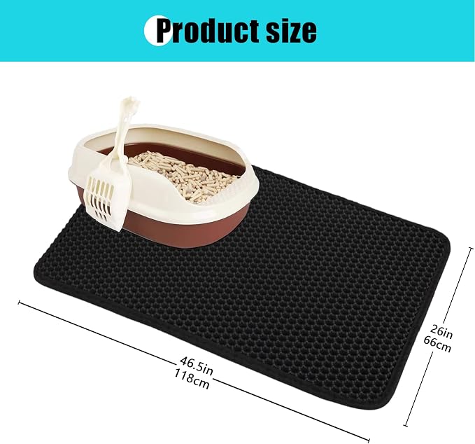 Cat Litter Mat 26"x46.5", Double Layer Waterproof Litterbox Mat, Black | Non-slip backing, washable for easy cleanup, traps stray litter with waterproof honeycomb large grid that is urine-proof.