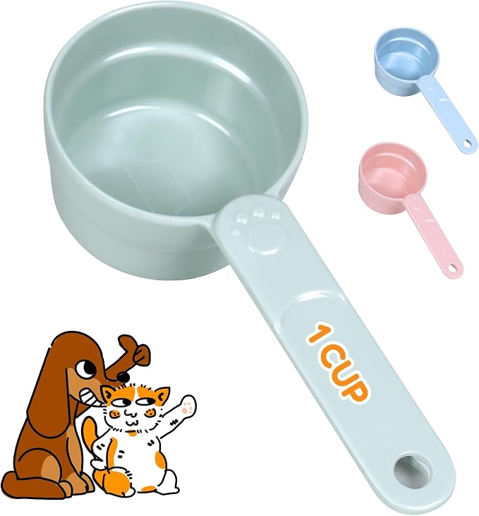 1 Cup Dog Food Scoop, Extra Long Handle Sturdy Melamine Pet Food Measuring Scoop with Clear Marking Lines, BPA-Free, Shatterproof, Dishwasher Safe (Green, 1 Cup)