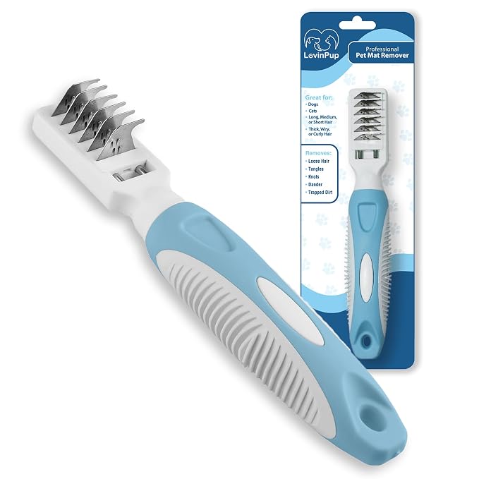 Pet Mat Remover – Professional Dematting Comb for Dogs and Cats | Dematting Comb w/Stainless Steel Rounded Teeth for Gentle Knot & Tangle Removal – Dog Dematting Tools & Dog Grooming Supplies