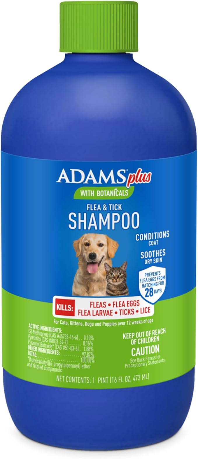 ADAMS Plus Botanicals Flea & Tick Shampoo with Precor for Dogs, Cats, Puppies & Kittens, Flea Shampoo to Treat Infestations, Kills Eggs & Lice, Cleans and Conditions Coat, Plant-Based, 16 Ounces