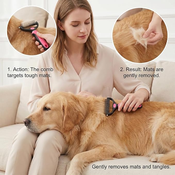 Dematting Comb for Dogs and Cats, Undercoat Rake Pet Brush for Long Hair, Deshedding Dog Brush Removes Tangles Knots and Loose Fur, Grooming Tool for Thick Coats (Blue L*2)