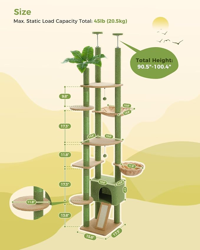 PEQULTI Floor to Ceiling Cat Tree Tower, Height Adjustable 230-252cm, Green | Cactus climbing pole for large cats with cat condo, hammock & sisal scratching posts; measure ceiling, fits 230-252cm