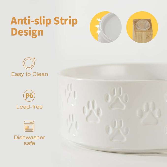 Elevated Ceramic Dog Bowl Set, Anti-Skid Bamboo Stand, White, 5.1 inch | Food and Water Bowls with Fixed Non-Slip Rubber Ring, Microwave Safe, Easy to Clean, 1.6 Cup per Bowl, for Small-Breed Puppy