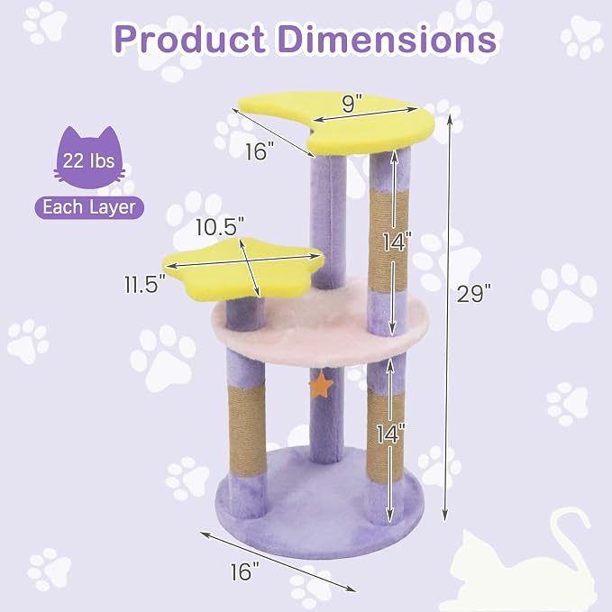 PETSITE 29-inch Cute Cat Tree, Multi-Level Small Cat Tree with Jute Scratching Post, Dangling Toy, Star and Moon-Shaped Perches, Ideal for Indoor Cats (Purple)