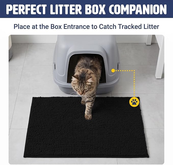 Muddy Mat® | Cat Litter Mat 19"x30", Litter Trapping Mat, Super Absorbent Scatter Control, Soft on Paws, Slip Resistant Washable Kitty Litter Mat, Traps Litter, Protects Floors, Black