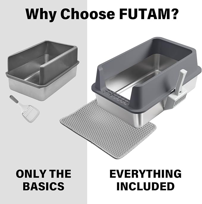 Stainless Steel Litter Box, XL Metal Litter Box with High Sides Lid, Extra Large Cat Litter Boxes for Big Cats, Anti-Urine Leakage, Never Absorbs Odors, Easy Cleaning, Non-Stick, Include Scoop and Mat