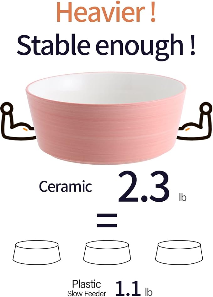 Pink Elevated/Raised Dog Bowl Ceramic with Wood Stand for Medium Large Breed,Dog Food Water Dish Heavy Weighted,8 in Non Slip Modern Cute Porcelain Pet Bowl Extra Large Wide