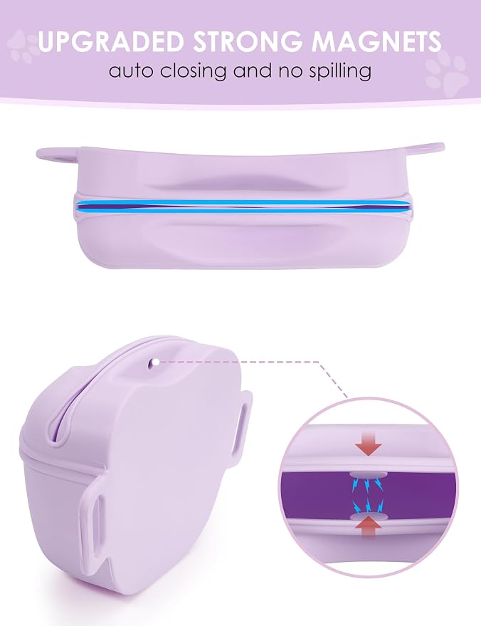 heouvo 1.67 Cup Dog Treat Pouch with Training Clicker (Violet) | Magnetic Closure, Silicone Bag with Waist Belt for Pet Training & Walking, Easy One-hand Treat Access