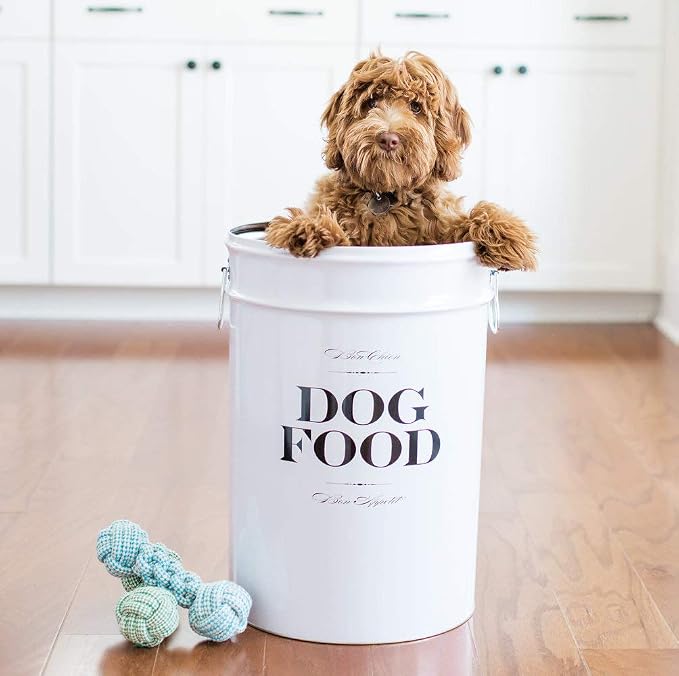 Harry Barker Bon Chien Dog Food Storage Canister – Medium 6.5 gallons, Airtight Stainless Steel Pet Food Container, Stylish Kitchen Counter Dog Kibble Storage with Easy-Open Lid - White