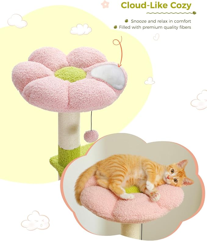 Flower Cat Tree 47.2" Multi-Level Cat Tower with Sisal Covered Scratching Posts, Cute Cat Condo for Indoor Small Medium Cats, Pink Top Perch, Fluffy Ball, Pink | Multi-level layout, Sisal-wrapped posts, Pink flower perch, Fluffy ball toy, Cozy condo, F...