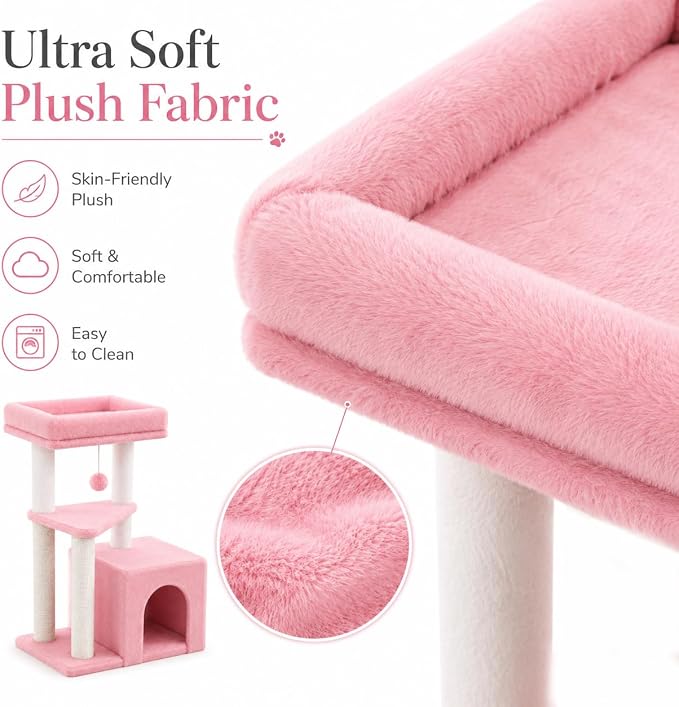 Small Cat Tree Tower for Indoor Cats, 33 Inches Multi-Level Cat Condo with Scratching Posts, Large Perch, Hanging Toy for Large Adult Cats, Pink