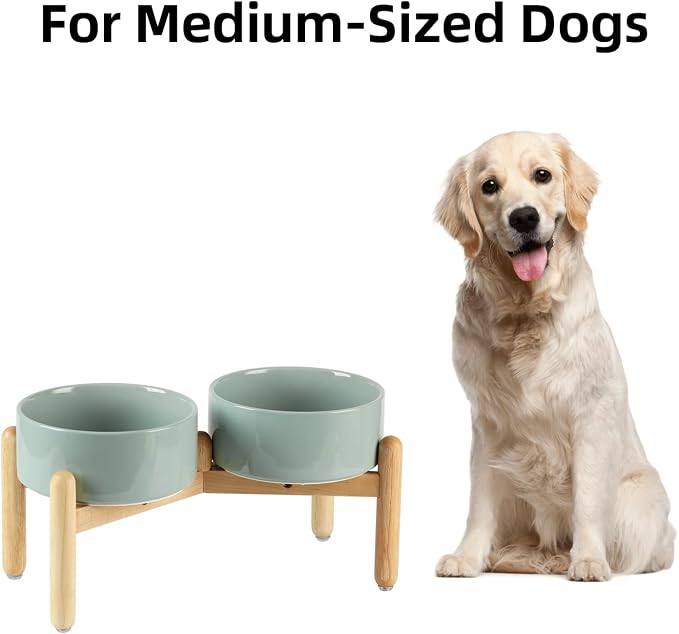Havniva 7.3inch Ceramic Raised Dog Bowl with Stand, Double Dog Bowls Elevated for Medium Breed Dog Food and Water Bowl Set Non-Slip Dog Dish Large Capacity Feeding Pet Water Bowl