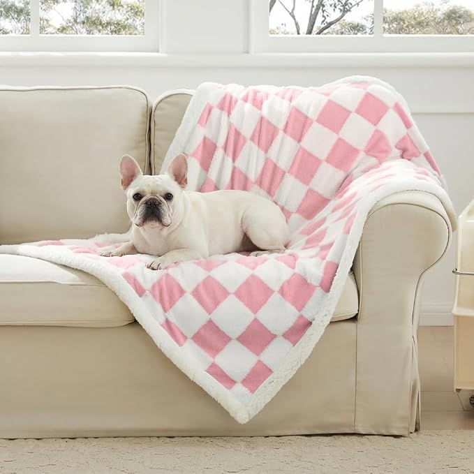 Ohocut Checkered Dog Blanket, Pink Jacquard Sherpa Blankets for Small Dog and Cats, Cute Girly Women Aesthetic Style Fluffy Fleece Pets Blanket for Couch Protection Washable, 30"x40"