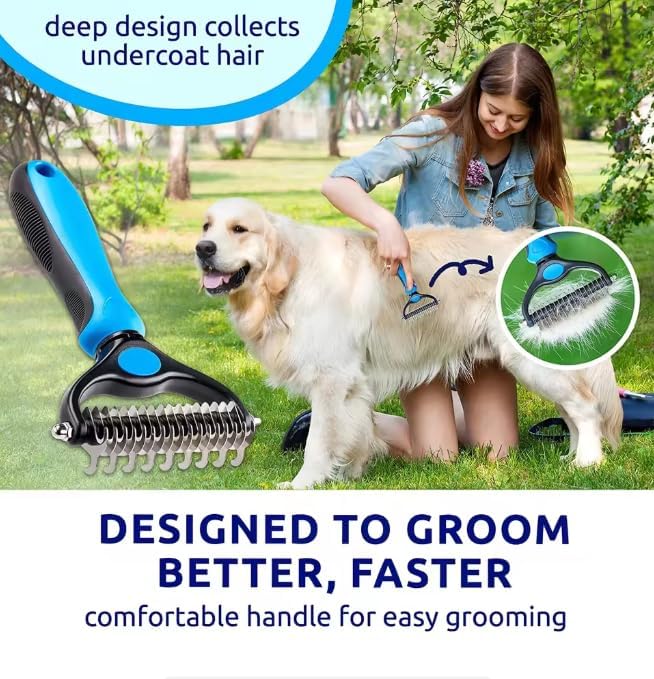 Undercoat Rake and Dematting Brush for Dogs & Cats - Professional 2-in-1 Pet Grooming Tool - Removes Stubborn Mats, Knots, and Tangles Safely and Gently - Reduces Shedding for Heavy-Coated Pets (Blue)