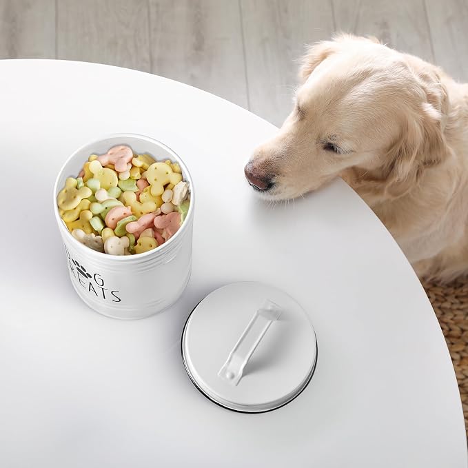 Large Dog Treat Container Airtight - 6.6" Tall X 6" Round White Dog Treat Jar for Kitchen Counter - Rustic Treat Storage Canister for Dogs, Cats, Small Animals - Gifts for Pet Owners
