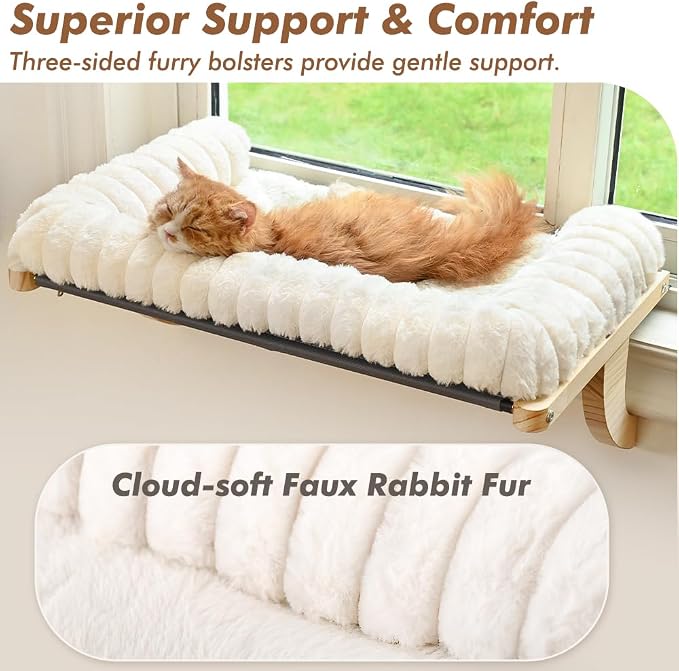 Cloud-Soft Cat Window Sill Perch, Zipper Design Cushion Pet Bed,XL | Solid Wood & Sturdy Metal Frame, Machine Washable, Unobstructed Front View, Panoramic and Roomy Cat Hammock for Large Cats