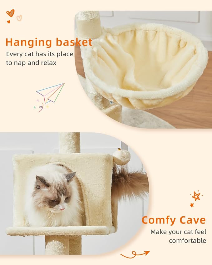 Taoqimiao Cat Tree, 49In Cat Tower for Indoor Cats Large Adult | 2 Luxurious Cat Condos, Thick Padded Top Perch, Adjustable Hanging Baskets, 5 Scratching Sisal Posts, Beige MS029LM