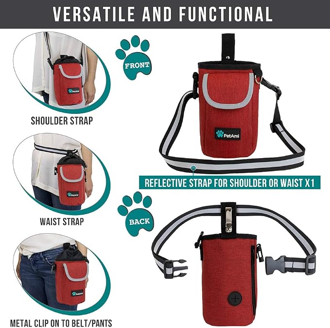 PetAmi Dog Treat Pouch, Large Hands-Free Training Bag, Red | Built-In Poop Bag Dispenser, Holds 3 Cups Of Treats, 4 Ways to Wear, D-Ring, Reflective Strap, Dog Treat Bag for Walking