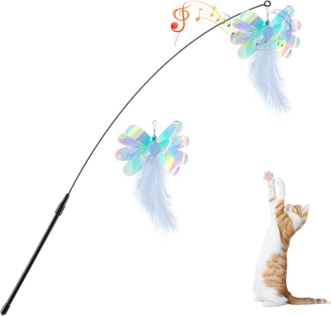 Pawaboo Feather Teaser Cat Toy, Interactive Feather Wand Cats Toy Flying Feathers Cat Catcher with Extra Long 34.5" Wand and Small Bell, Exerciser Playing Toys for Kitten or Cats, Blue Butterfly