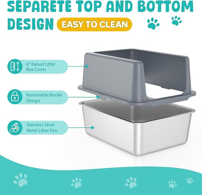 Litter Box with Lid, Stainless Steel Cat Litter Box, 12" Small Metal Litter Box for Kittens, Grey