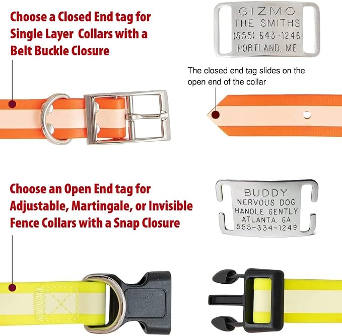 Boomerang Tags Slide on Dog ID Tags Engraved for Pets - Collar Tag, Personalized, Silent, Custom Slide-on Stainless Steel Dog Name Tag (Closed End Large for 1 Inch Wide Nylon Collars with Belt Buckle)