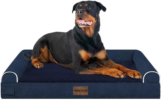 NANUYA Orthopedic Dog Bed for XX-Large Dogs, 44 x 34 Inch, Navy Blue | Egg crate foam for joint support, 3-sided bolster pet sofa, waterproof lining, washable cover, and non-skid base