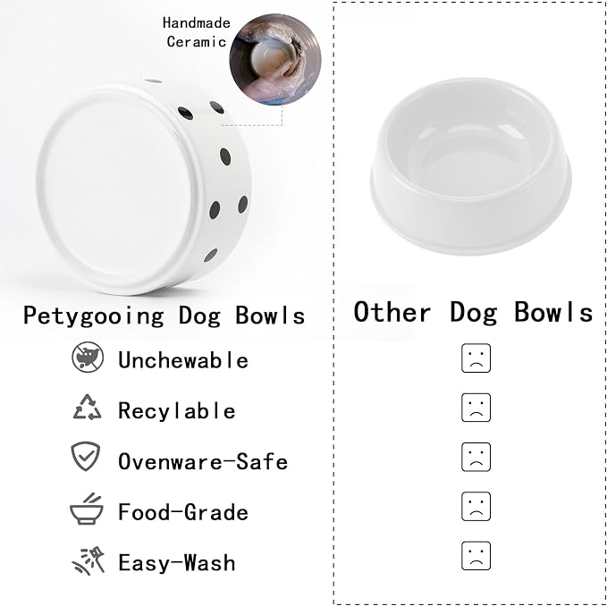 Petygooing 28 OZ Elevated/Raised Ceramic Dog Bowl for Small Medium Breeds, Dog Food Water Dish with Stand,Pet Bowl with Anti Slip Rubber for Cats Small and Medium Dogs (3.6 Cups) Black Dot