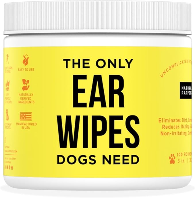Dog Ear Cleaner Wipes, Gentle Wax & Debris Wash, 100 Ct | Gentle patented wipes & drops, safe for puppies - Cleans wax, dirt & odor - For all dogs and cats