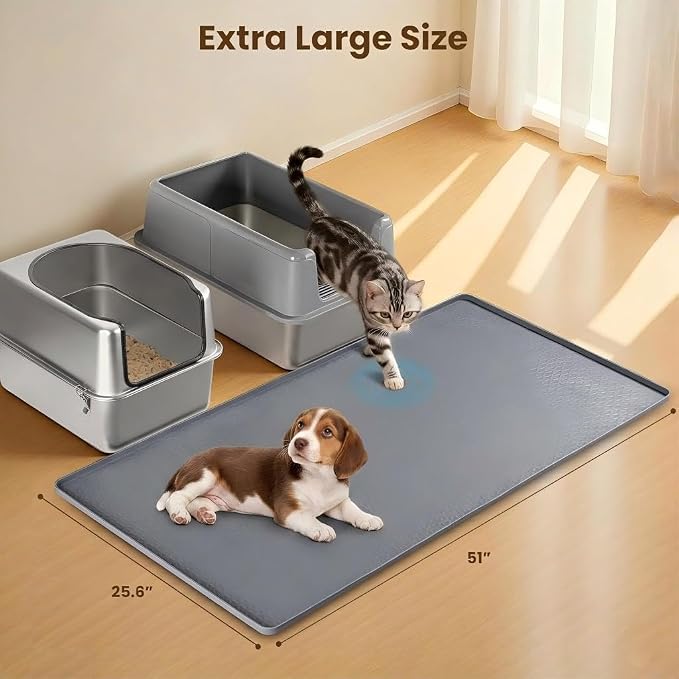 Dog Pee Pad Holder & Cat Litter Mat, XXL 51''×25.6'', Waterproof Floor Silicone Mat for Pets, Easy to Clean, Soft on Paws (Dark Grey)