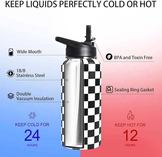 32oz Checkered Stainless Insulated Aater Water Bottle with Straw,Checkered Gym Hiking Sports Coffee Mug Cup Water Bottles,Checkered Gifts for Women,Checkered Decor Stuff Accessories