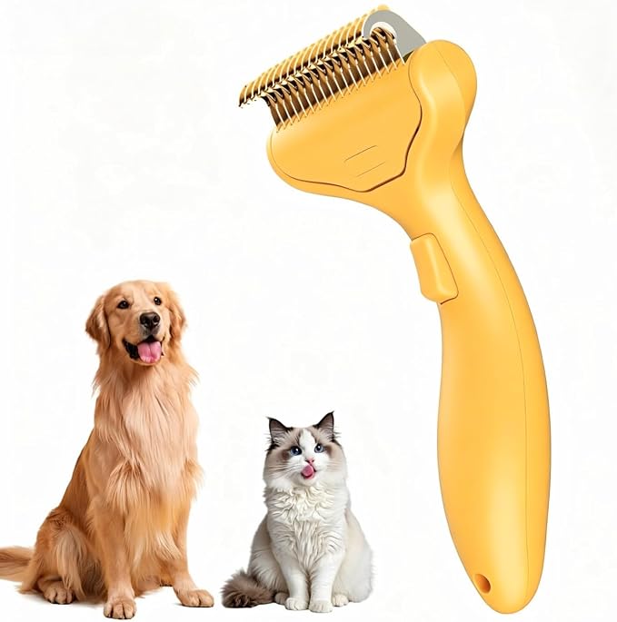 Undercoat Rake for long haired Cats & Small/Medium Dogs – Deshedding Brush & Dematting Comb for Double-Coated Pets with Long Hair, Matted Fur – Grooming Tool for Kitten, Puppy and Rabbit (yellow)