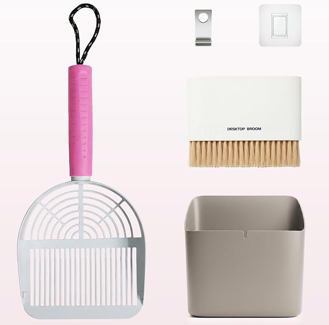Cat Litter Scoop with Holder, 3 in 1 Metal Kitty Scooper, Heavy Duty Deep Litter Sifter with Dustpan & Mini Broom, Dual Coarse & Fine Grid, Quick Sift, Universal for All Cat Litter